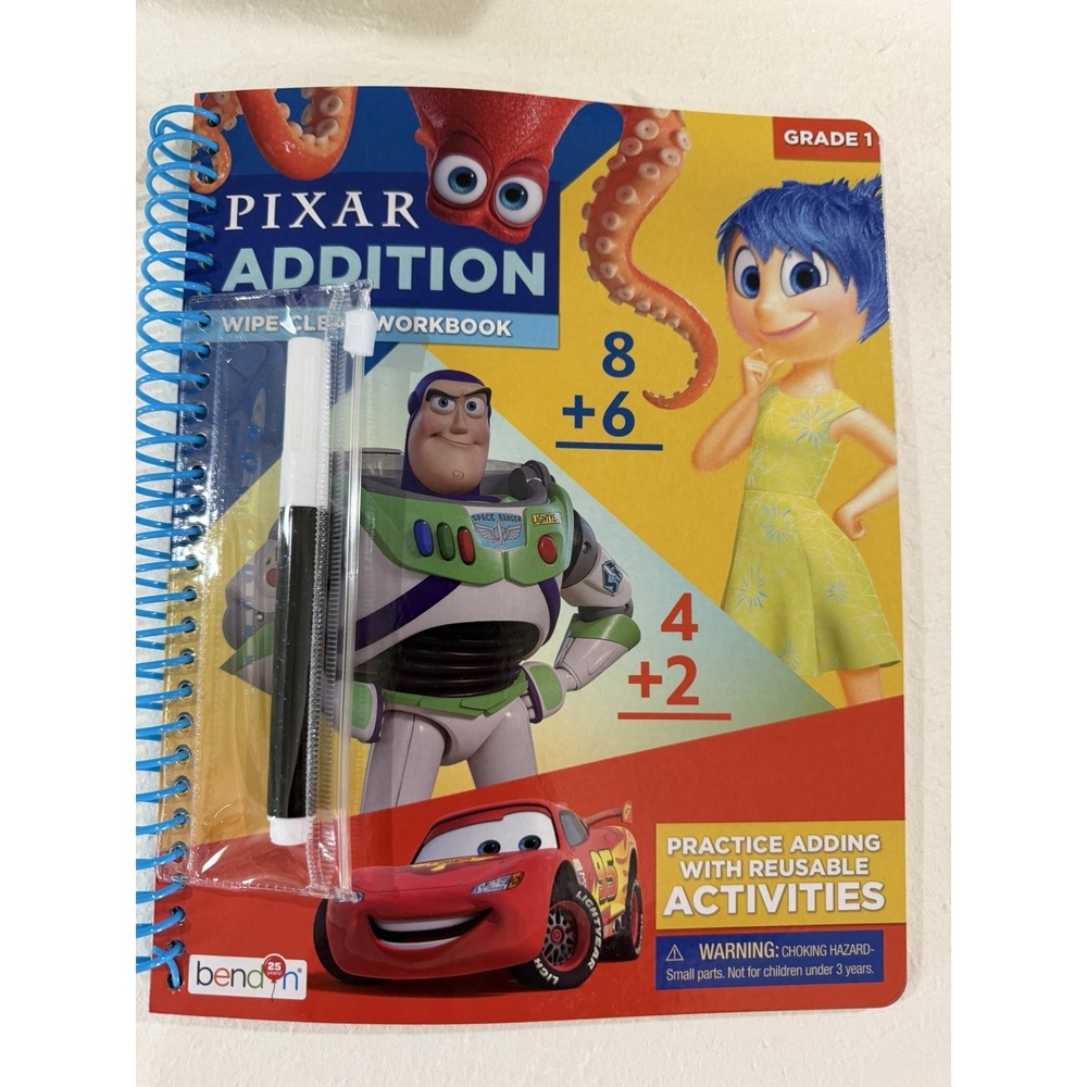 Disney Pixar Addition Wipe Clean Workbook Grade 1 Spiral Math Buzz McQueen Joy